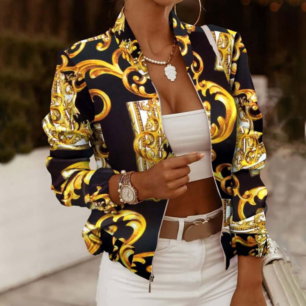 Spring Autumn Casual Thin Jacket Vintage Print Tops Women Fashion Long Sleeve Zipper Ladies Jackets Coat Woman Veste Femme