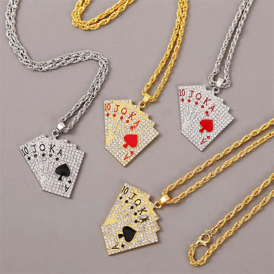 Hip Hop Jewelry Women Men Statement Enamel Playing Cards Pendants Necklaces Hip Hop Jewelry Fashion Gold Silver Color Necklace