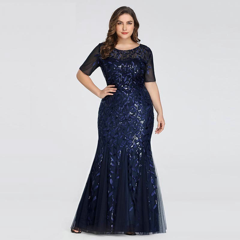 Plus Size Sequin Mesh Mermaid Slim Evening Dress Beaded Leaves Pattern Formal  Women Elegant Party Prom Gowns Short Sleeve