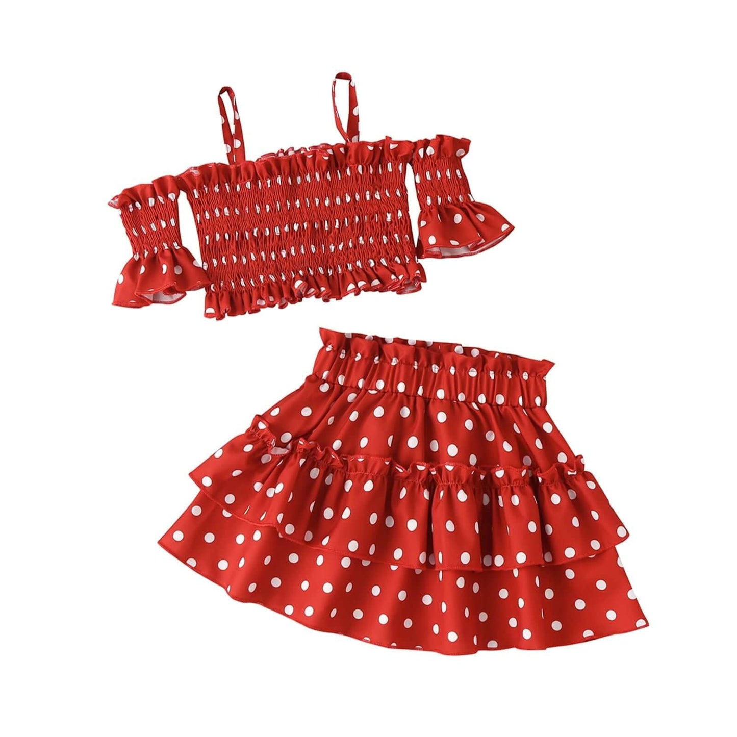 New Western style blue polka dot girls print summer skirt suit fashion suspenders solid color children's cake skirt children's clothing