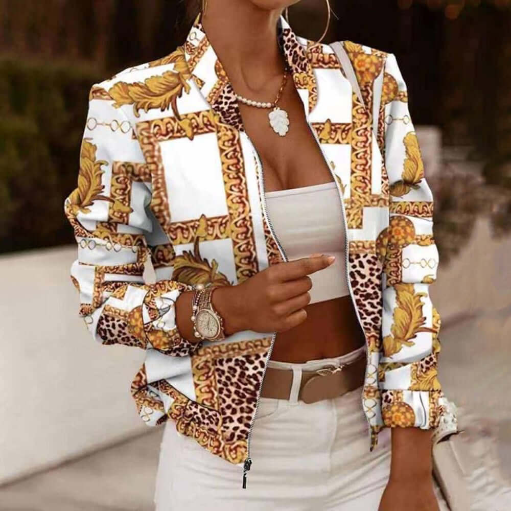 Spring Autumn Casual Thin Jacket Vintage Print Tops Women Fashion Long Sleeve Zipper Ladies Jackets Coat Woman Veste Femme