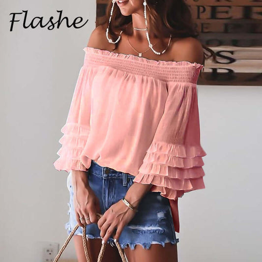 Eti Off Shoulder Summer Tshirt Women Long Sleeve Shirt Women Blouse Solid Ruffle Sleeve Slash Neck Sexy Shirts For Women Tops