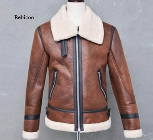 Men Jacket Winter Fur Belt Faux Leather High Neck Shearling Coat Wool Lining Long Sleeve Mens Leather Bomber Coats