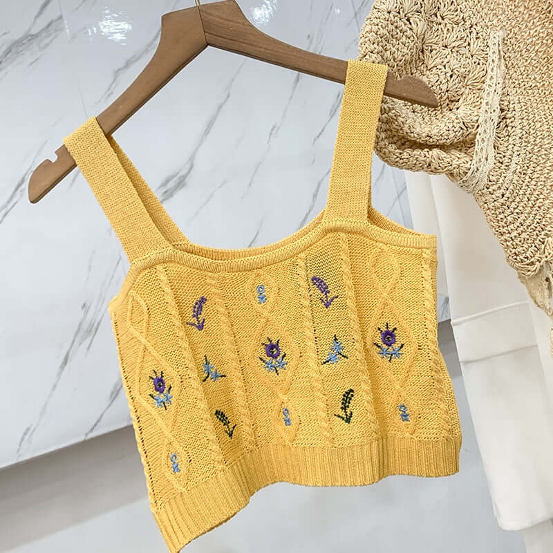 Women Floral Embroidery Tank Tops Cropped Female Chic Plain Cute Camisoles Ribbed Crop Top For Summer Vest Slim Knitted Top