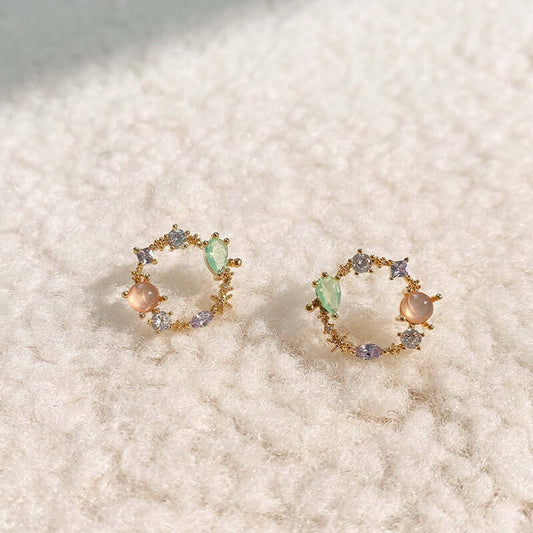 New Arrival Classic Round Pink Green Crystal Stud Earrings Sweet Flower Cirlce Jewelry