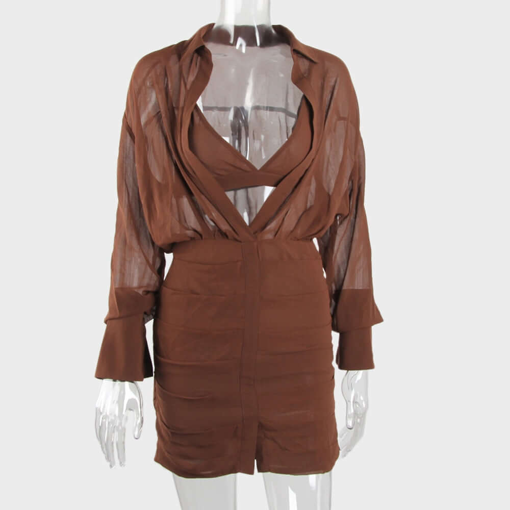 Elegant Fashion Brown Party Dress w/ Chiffon Skirt