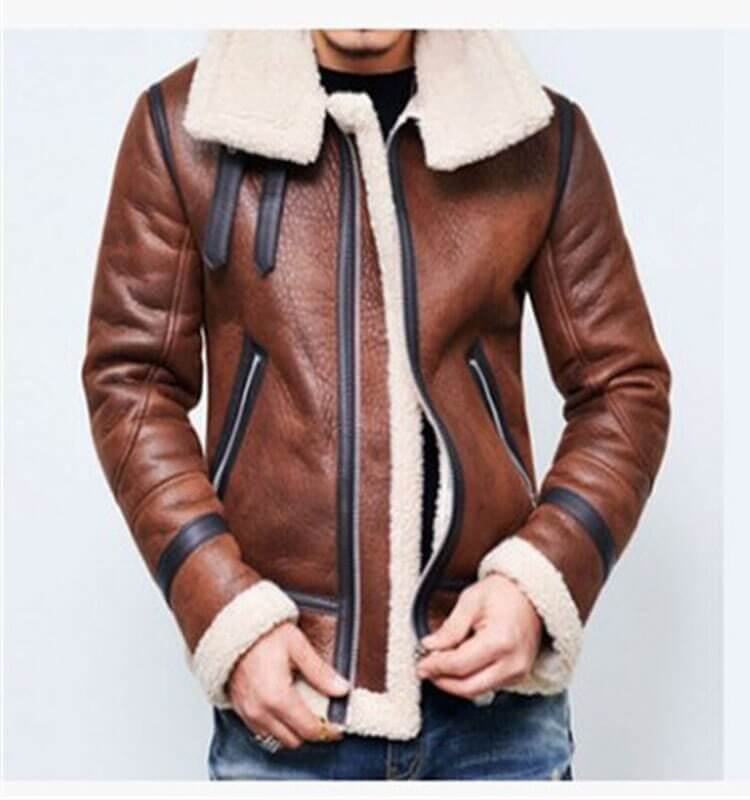 Men Jacket Winter Fur Belt Faux Leather High Neck Shearling Coat Wool Lining Long Sleeve Mens Leather Bomber Coats