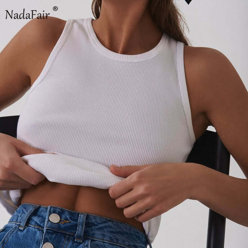 Nadafair Ribber Knitted Tops Femme O Neck Summer Basic Shirts White Black Casual Sport Vest Off Shoulder Green Women's Tank Top