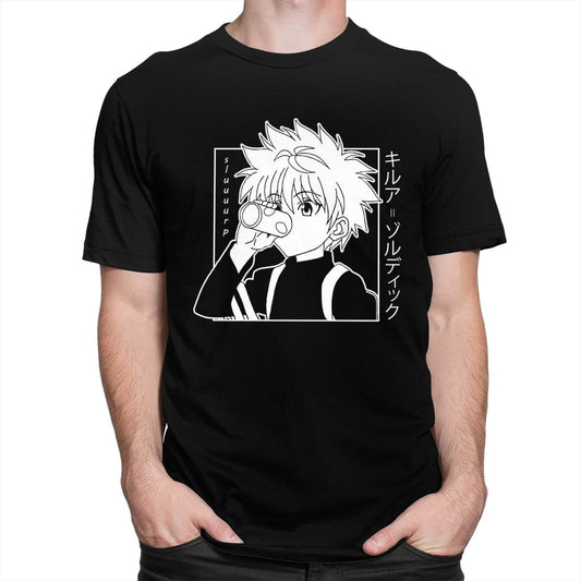 Kawaii Hunter X Hunter Tshirt Men Short Sleeve Killua Zoldyck T-shirt Crew Neck Fitted Soft Cotton Anime Manga Tee Shirt Clothes