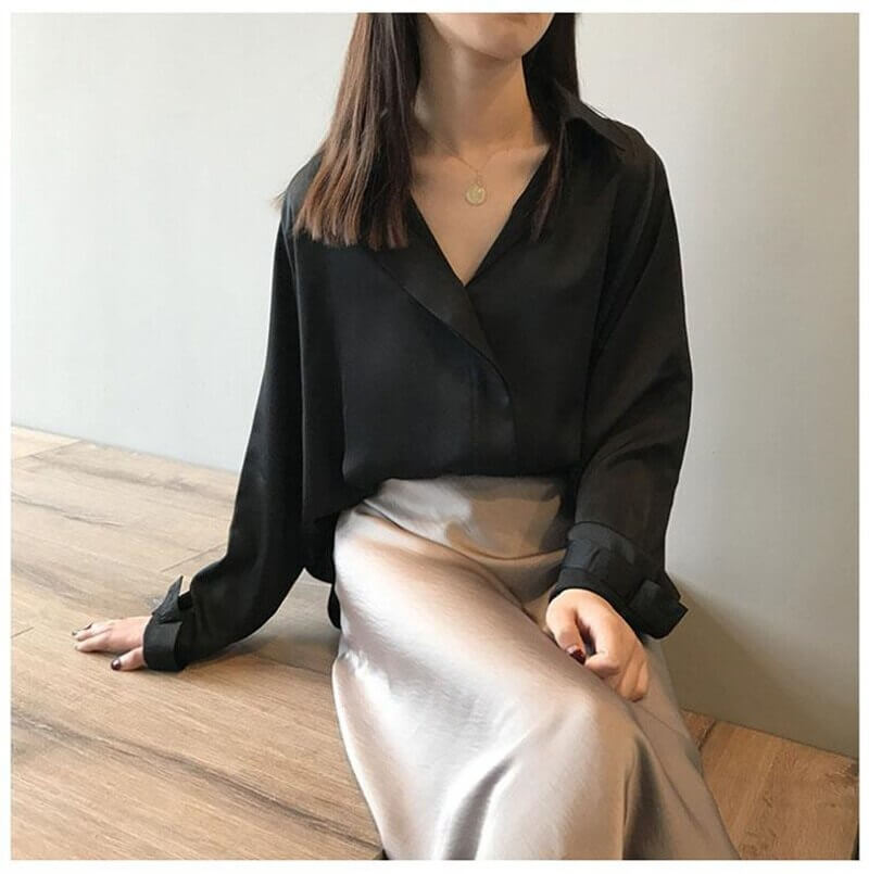 OL Summer Autumn Silk Shirts Blouses Women Solid Long Sleeve Lapel Loose Elegant Blouse Single-breasted Shirts Tops