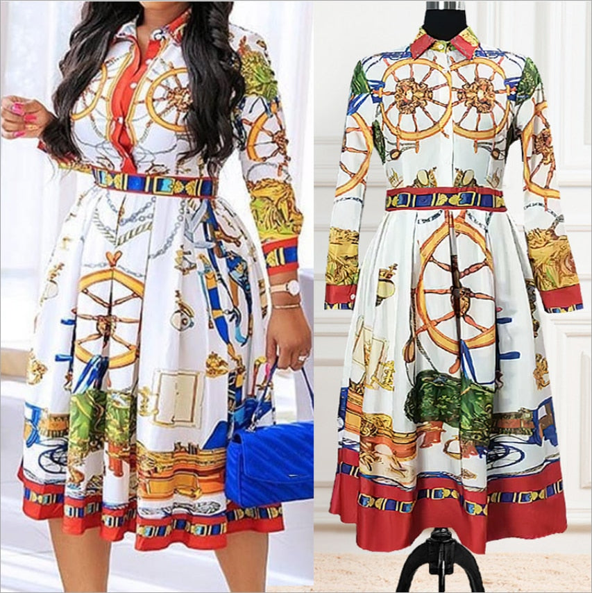 Cutubly Plus Size Loose Casual Dress Printed Long Sleeve Dress Fashion Dresses for Women England Pleated Squsre Collar Dress
