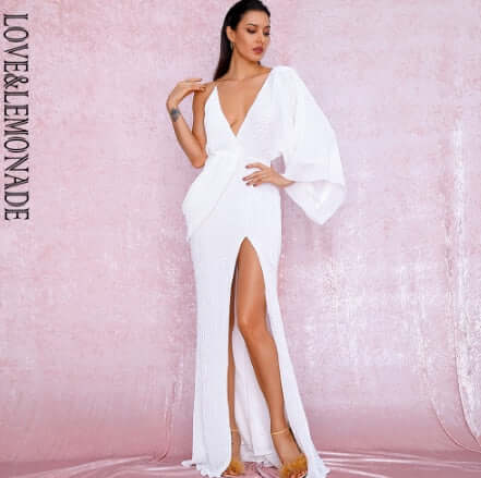 LOVE&LEMONADE Sexy Rose Gold V-Neck Single Sleeve Sequins Split Party Maxi Dress LM81848