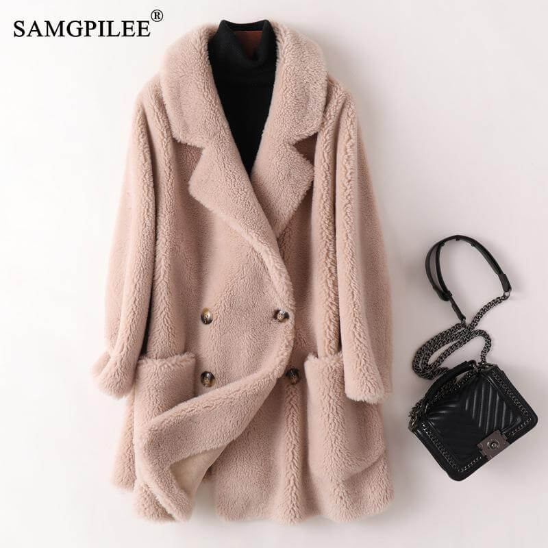 Real Fur Coat High Quality Australian Womens Wool Coats Thick Warm Elegant Loose Large Size Long Outwear Winter Coat For Women