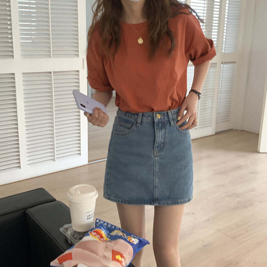 Huang Wei base simple denim half-length skirt female 2021 summer Korean version of the small child high waist A font bag hip skirt Q7210