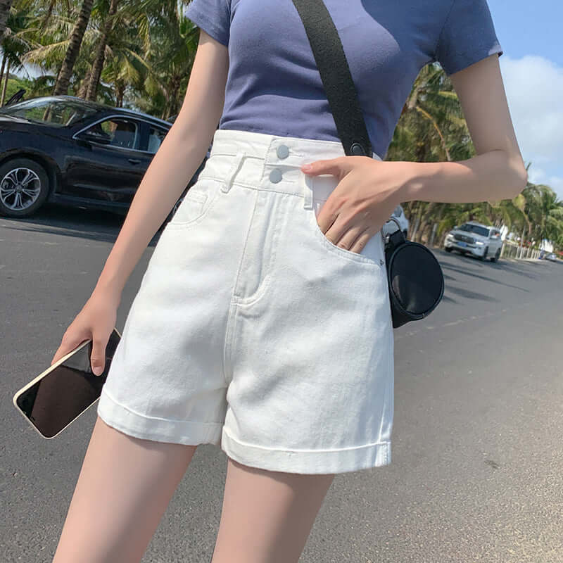 Denim shorts female 2021 summer new ultra high waist loose double buckle thin flake explosion model white hot pants female