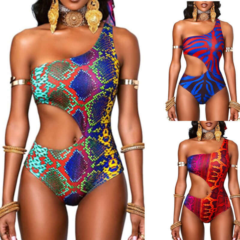 2022 new bikini women's one-piece hollow digital printing one-shoulder slim sexy European and American M2057