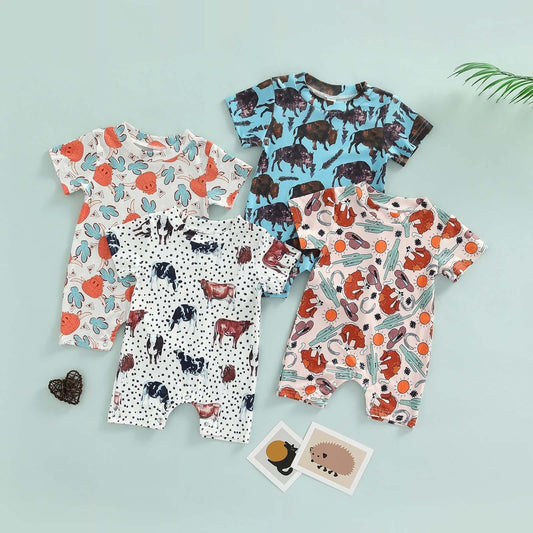 Children's clothing summer new baby cartoon animal print short-sleeved jumpsuit