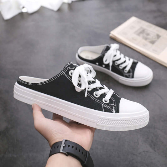 2021 summer new half-drag canvas shoes men and women Korean version of the trend couple casual shoes breathable one foot lazy shoes