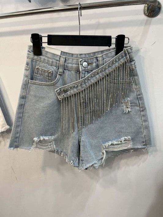 Denim shorts women's 2022 summer new European station loose and thin hole rhinestone tassel a-line wide-leg hot pants