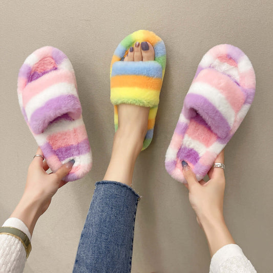 Colorful fur slippers female 2021 new cross-border foreign traders colored plush word trap chamber cotton drag women's shoes