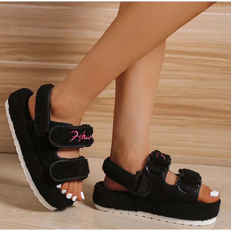 2022 autumn and winter new one word thick bottom fur sandals women embossed cotton plus size fur sandals women