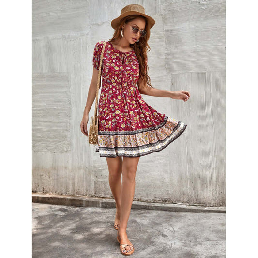 Cross Border Bohemian Casual V-Neck Tie Positioning Print Short Sleeve Beach Vacation Women