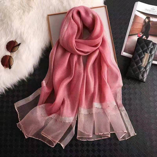 Silk towel summer Korean nails bead gold border gold silver silk long towel beach sunscreen yarn air conditioning shawl thin model scarf female