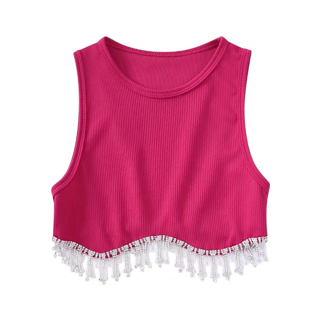 2022 summer new diamond-encrusted fringed round neck vest women's round neck slim and slim short sleeveless top