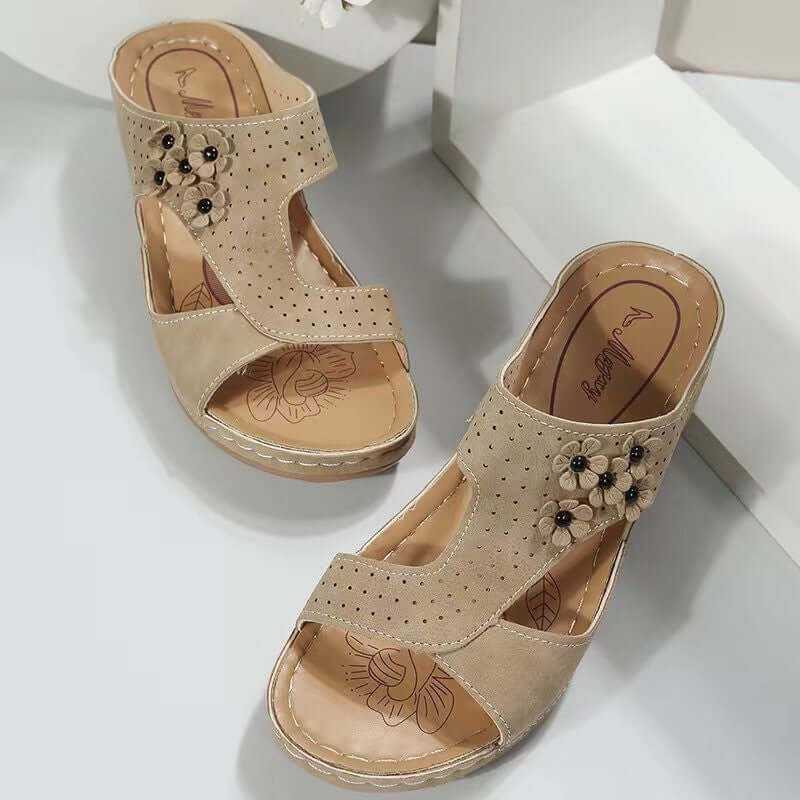 2022 autumn new large size foreign trade women's shoes hollow solid color open toe wedge fish mouth slipper