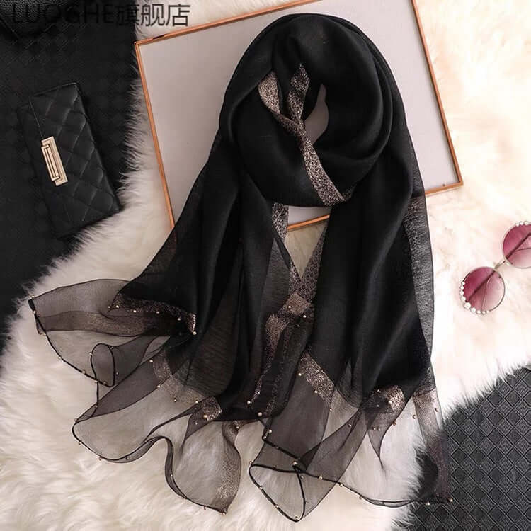 Silk towel summer Korean nails bead gold border gold silver silk long towel beach sunscreen yarn air conditioning shawl thin model scarf female