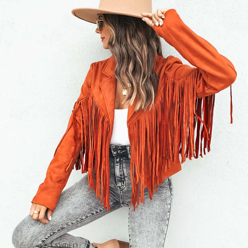 European and American women's jackets leather deerskin velvet temperament lapel tassel short jacket women's autumn and winter new SU2674