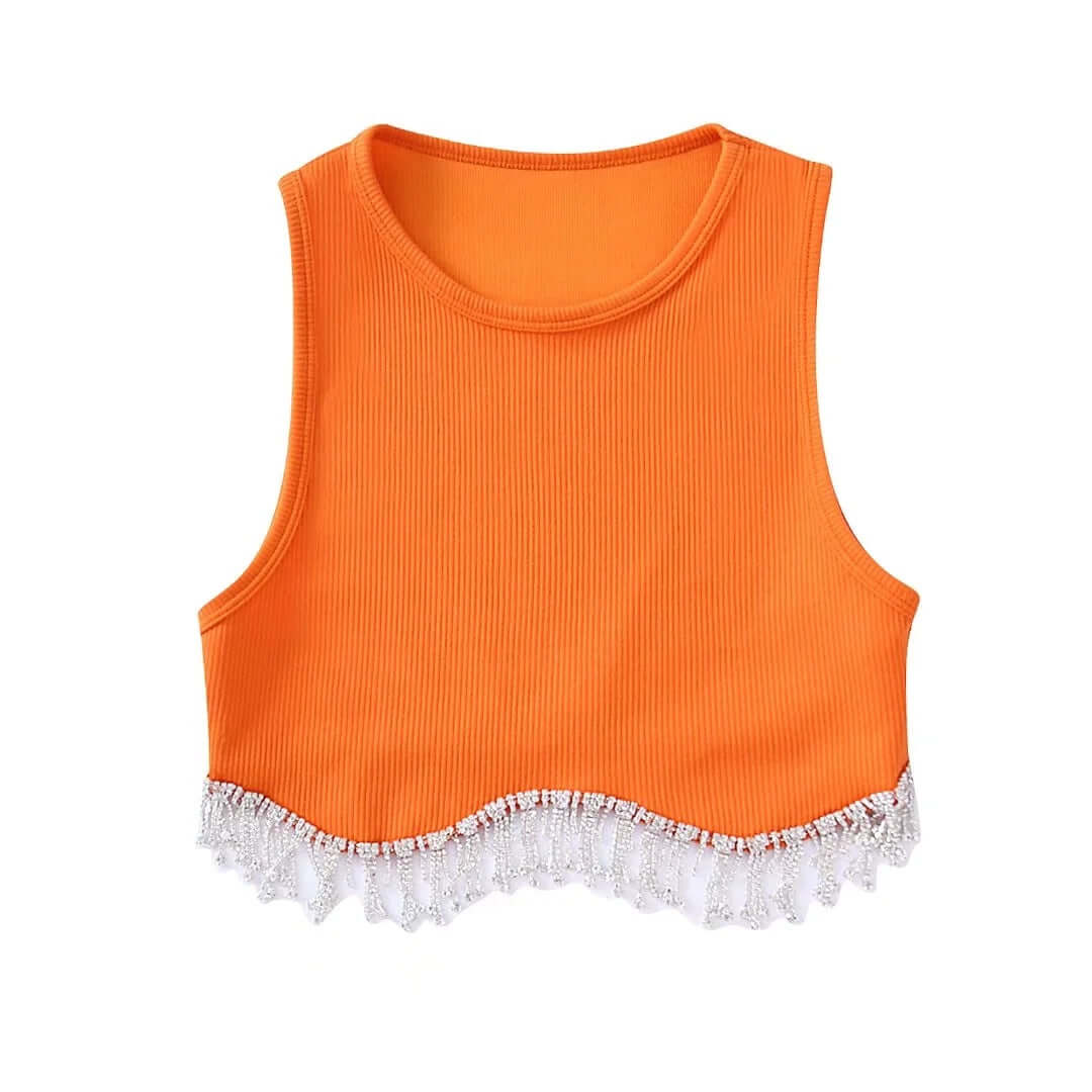 2022 summer new diamond-encrusted fringed round neck vest women's round neck slim and slim short sleeveless top