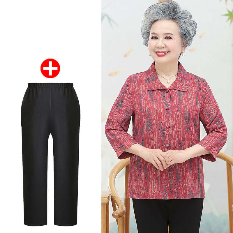 Grandma spring summer shirt 60 years old 70 elderly mother lapeting shirt set nine-point sleeves old wife two-piece set