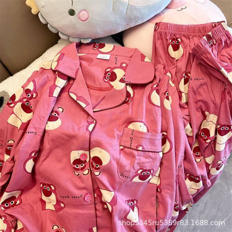 Girls' pajamas women's spring and autumn long-sleeved cartoon cute wind bear all-match student loose cardigan home service suit