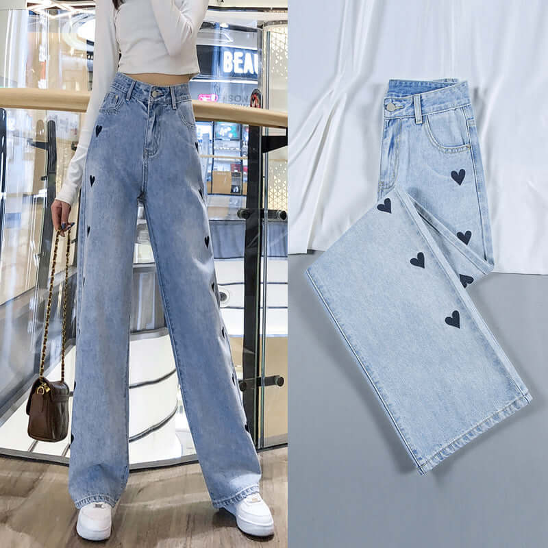 Love embroidery straight jeans female 2021 spring high waist slim easings wide-leg summer dress new jeans