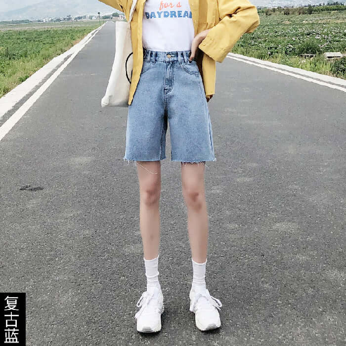 Five-point denim shorts female summer 2021 new high waist thin section loose small son wide leg pants summer pants