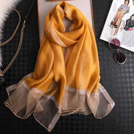 Silk towel summer Korean nails bead gold border gold silver silk long towel beach sunscreen yarn air conditioning shawl thin model scarf female