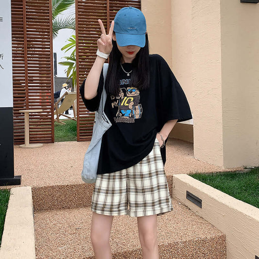 Blue plaid shorts female summer 2021 thin section loose straight pants 5 points high waist casual hairs five pants