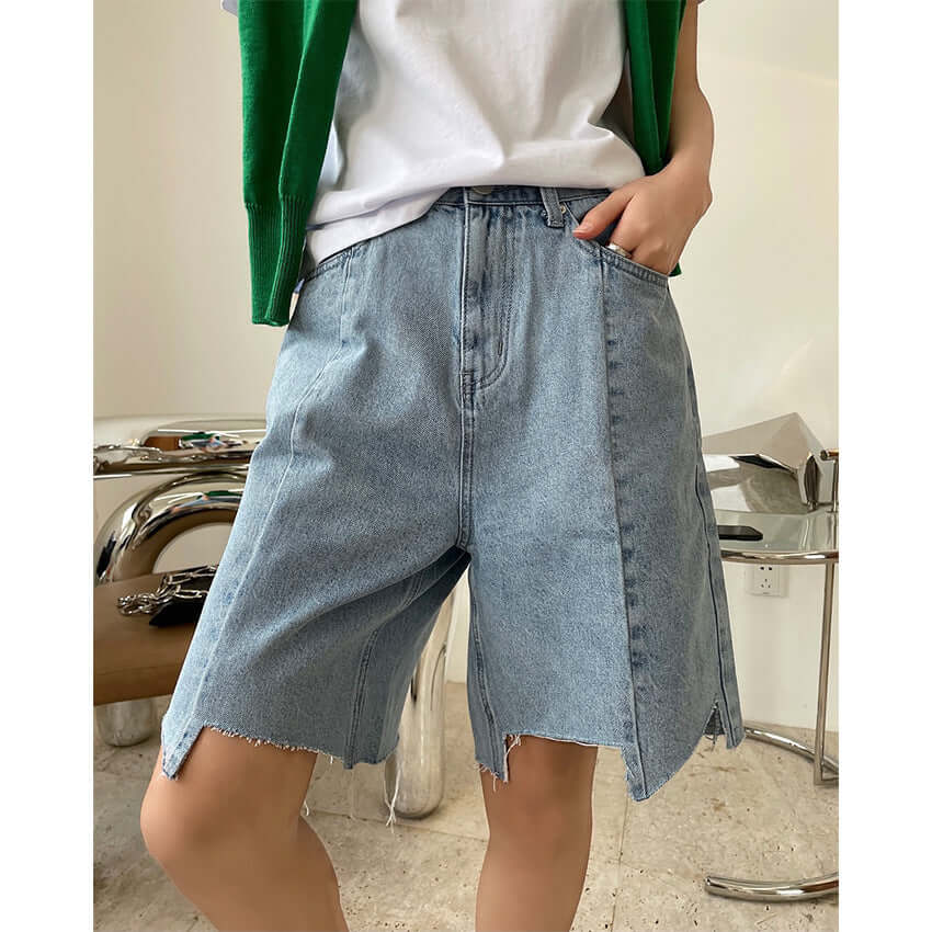 Summer new European and American trendy bloggers high waist denim pants wide legs loose thin five pants shorts women