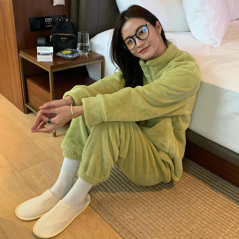 Nan Tao coral fleece suit can be worn outside couple cardigan sweater autumn and winter Korean pajamas two-piece home service women