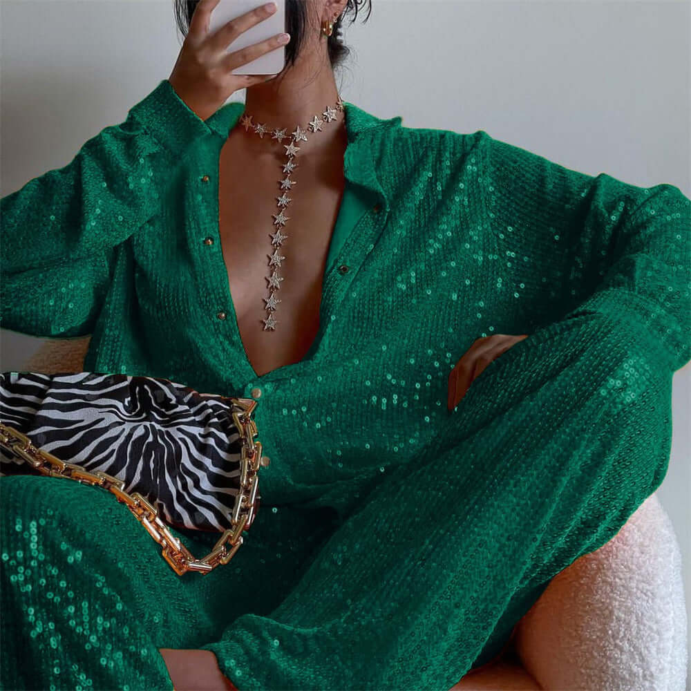 Sequins Long Sleeve Top Shirt Women V Neck Vest Straight Pants Three Piece Sexy 2022 Spring/Summer Y2K Party Suit