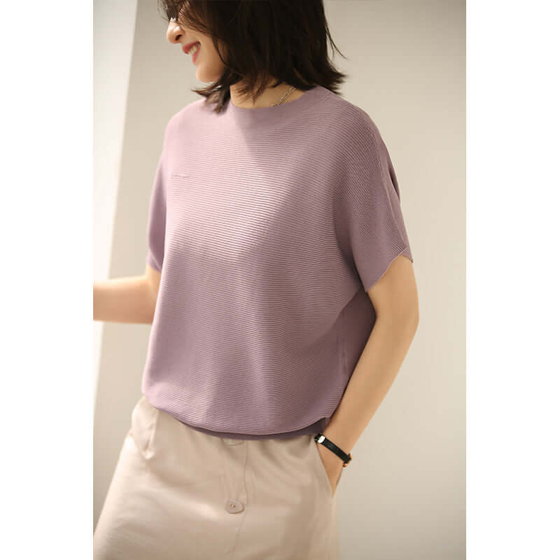 Xiuye simple ice silk knit shirt female short sleeve 2021 summer new Korean version of the loose round collar bat sleeve shirt