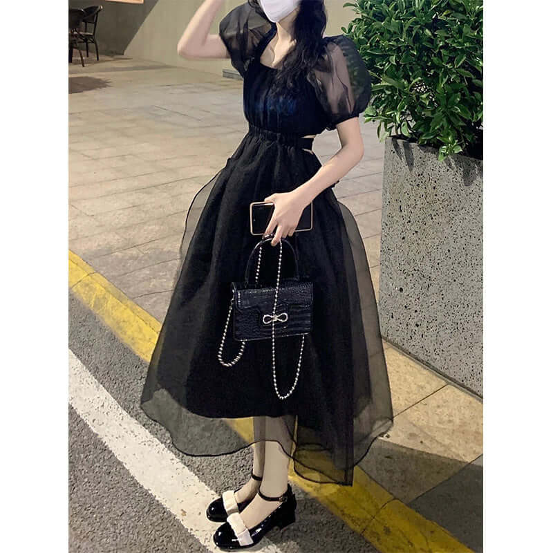 French Square Neck Mesh Puff Sleeves Backless Black Dress Summer Sweet and Age-Reducing Waist Puffy Princess Dress