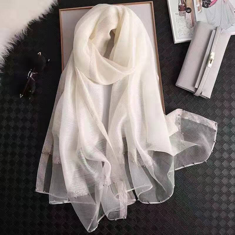 Silk towel summer Korean nails bead gold border gold silver silk long towel beach sunscreen yarn air conditioning shawl thin model scarf female