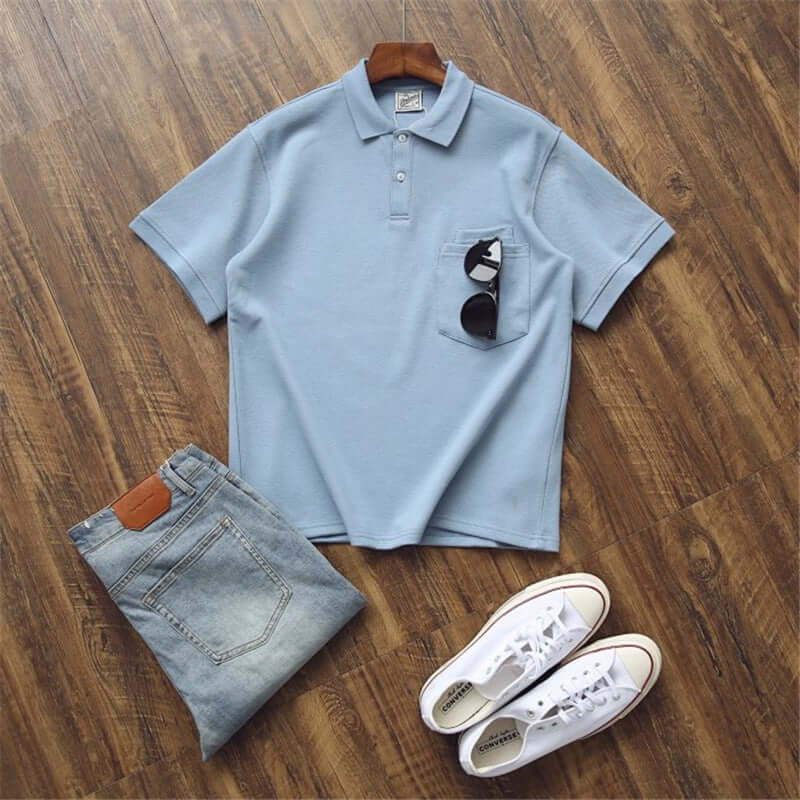 Personal laminated pocket heavy air cotton short sleeve polo shirt American retro short-sleeved T-shirt male