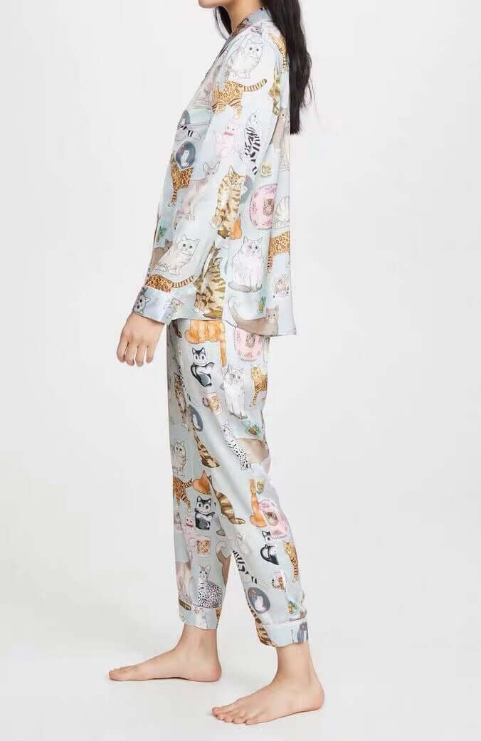 Cat printed couple ice silk pajamas female spring and autumn can wear home clothing autumn new cute Japanese sweet