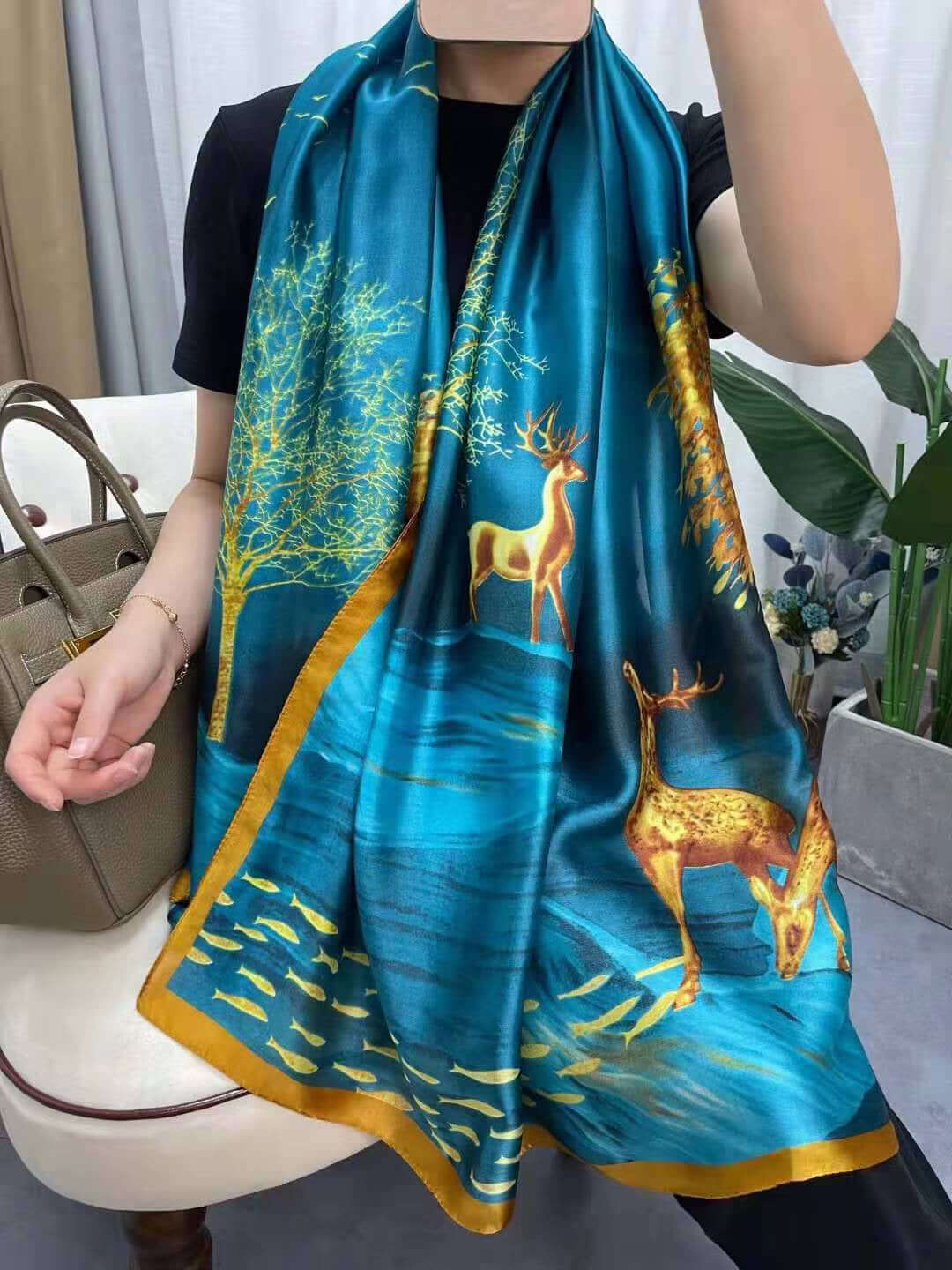 New spring and summer high-end simulation silk scarf female Korean scarves print gift custom national wind shawl beach towel