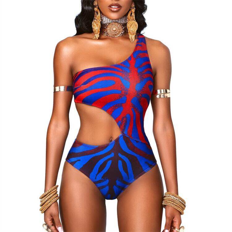 2022 new bikini women's one-piece hollow digital printing one-shoulder slim sexy European and American M2057