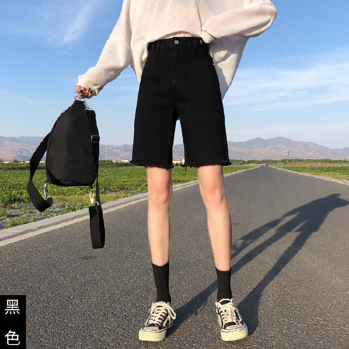 Five-point denim shorts female summer 2021 new high waist thin section loose small son wide leg pants summer pants