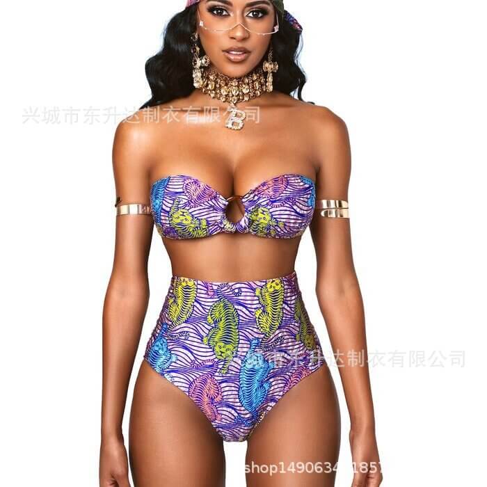 Dongshengda Clothing 2022 European and American Sexy Sexy Split High Waist Tube Top Bikini Swimsuit Female Totem National Style